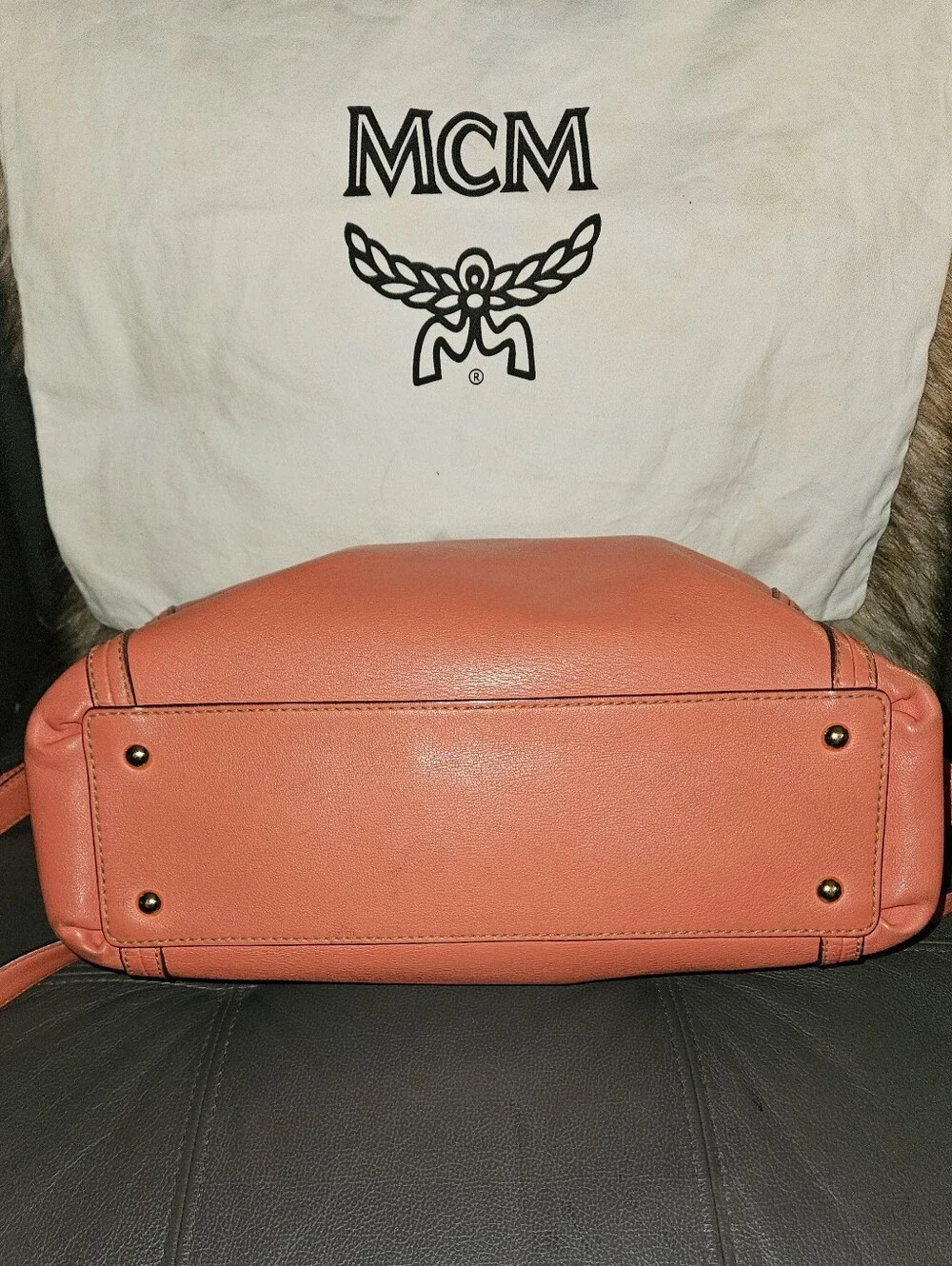 MCM Coral Orange Leather Top-Handle Satchel with Strap